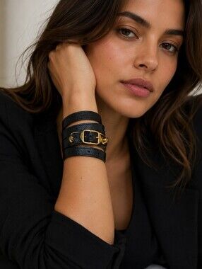 Balenciaga Black Leather Wrap Bracelet with Gold Tone Hardware